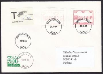 Brief Aland met automaatzegels en strafport Finland, 1984 beschikbaar voor biedingen