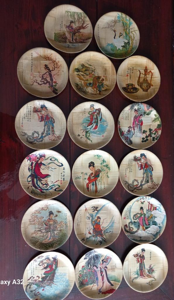 17 retro bamboo aperitief bordjes, Chinese schaaltjes, Huis en Inrichting, Keuken | Servies, Zo goed als nieuw, Bord(en), Overige stijlen