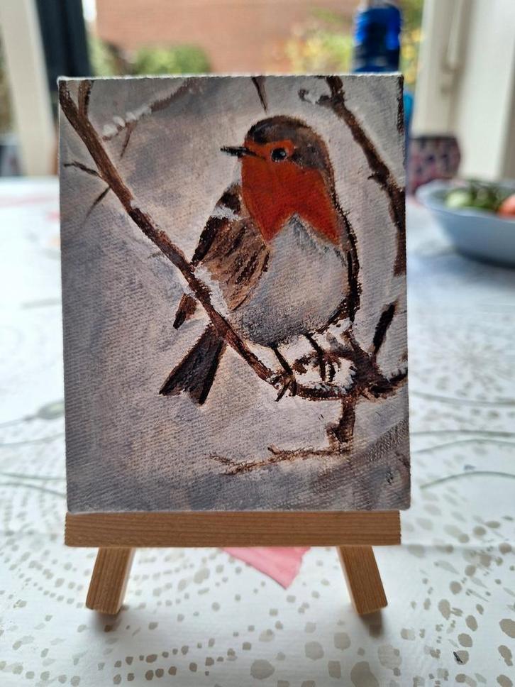 Miniatuur Schilderij Roodborstje - 8x10cm, Antiek en Kunst, Kunst | Schilderijen | Klassiek, Ophalen of Verzenden