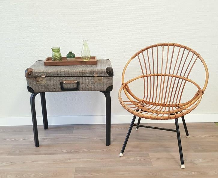 💼 Superleuk en uniek koffertafeltje/bijzettafeltje, Huis en Inrichting, Tafels | Bijzettafels, Zo goed als nieuw, Rond, Minder dan 55 cm