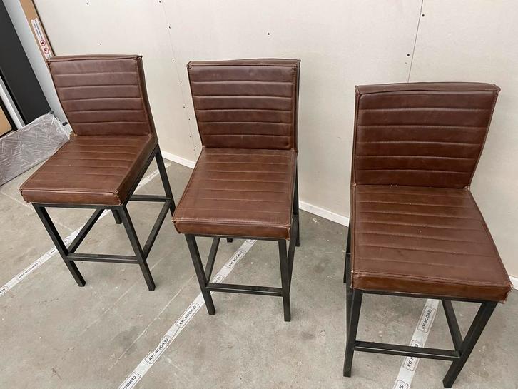 Set van 3 bruine leren barkrukken, Huis en Inrichting, Barkrukken, Gebruikt, 60 tot 90 cm, Leer, 3 krukken, Ophalen