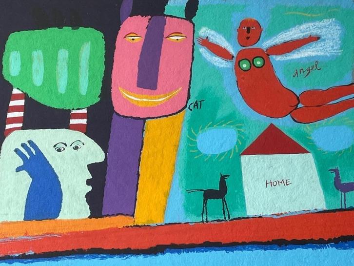 Wouter Stips, ingelijste zeefdruk Cat, angel, home, Antiek en Kunst, Kunst | Litho's en Zeefdrukken, Ophalen