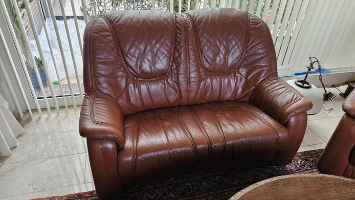 Lederen 2-zitsbank en fauteuil set, Huis en Inrichting, Banken | Bankstellen, Gebruikt, Rechte bank, Tweepersoons, 150 tot 200 cm