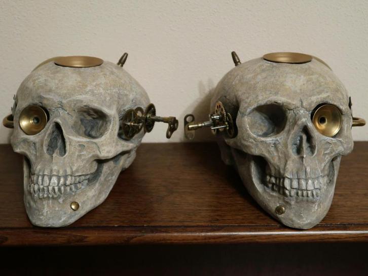 set SteamPunk Schedels unieke custom-made Fantasy Kandelaars, Antiek en Kunst, Curiosa en Brocante, Ophalen of Verzenden