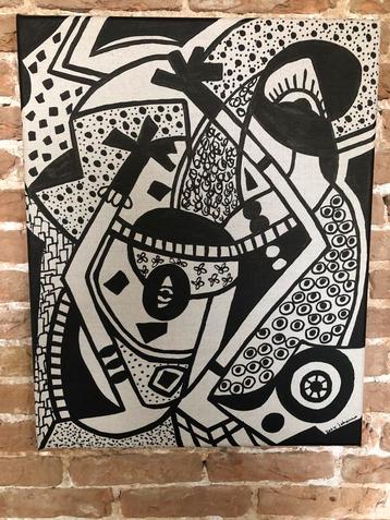 Kubistisch Drieluik Schilderij Abstract Tekening Gesigneerd beschikbaar voor biedingen