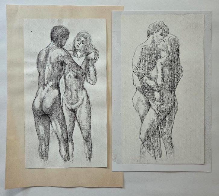 Klaas Pijlman. Twee pentekeningen. Naakt. Man en vrouw., Antiek en Kunst, Kunst | Tekeningen en Foto's, Ophalen of Verzenden