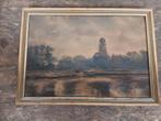 Schilderij: Landschap met Toren, 49,5x35,5 cm A C Hubert, Antiek en Kunst, Ophalen of Verzenden