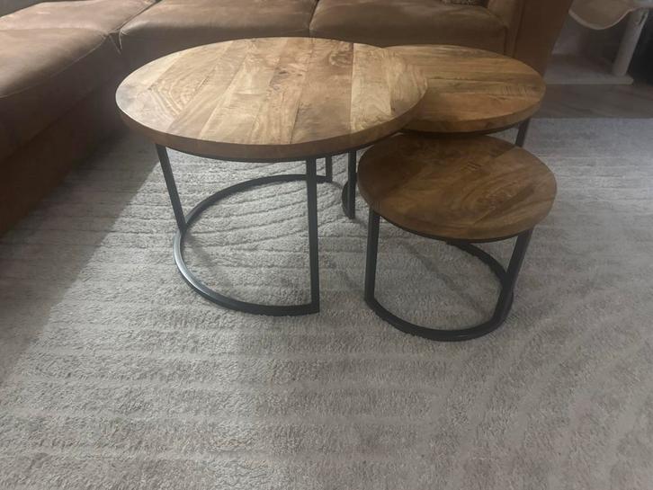 Set van 3 Mango Houten Tafeltjes, Huis en Inrichting, Tafels | Bijzettafels, Zo goed als nieuw, Rond, Minder dan 45 cm, Minder dan 55 cm