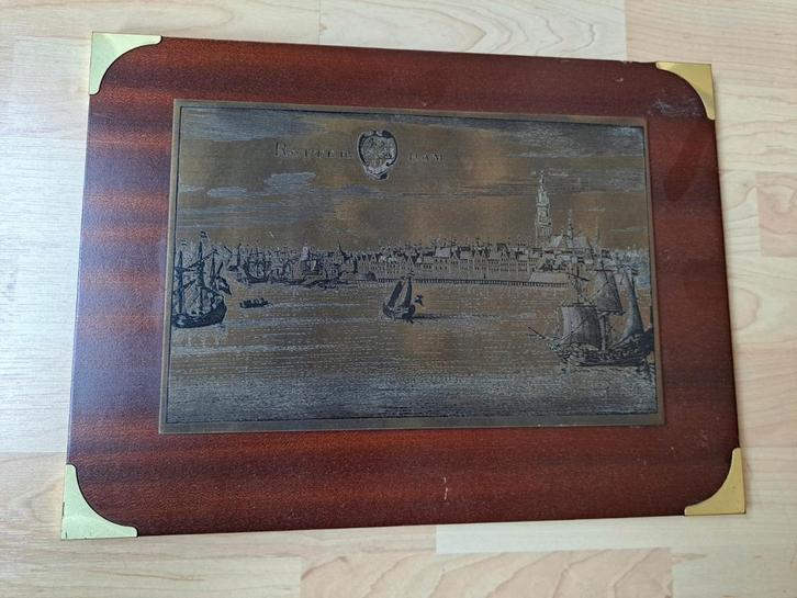 Antieke koperen plaat Rotterdam op hout, Antiek en Kunst, Antiek | Wandborden en Tegels, Ophalen