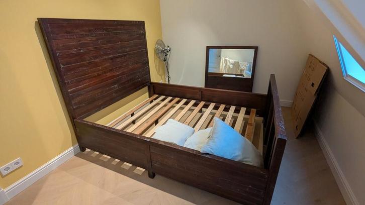 Teak houten bedframe voor Queen size matras - Nieuwstaat!, Huis en Inrichting, Slaapkamer | Bedden, Nieuw, Tweepersoons, 160 cm
