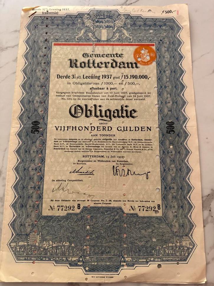 Rotterdam Obligatie 1937 met Coupons - Zeldzaam!, Antiek en Kunst, Antiek | Overige Antiek, Ophalen of Verzenden