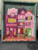 Kleurrijk schilderij 'Huizen' in lijst, Ophalen of Verzenden