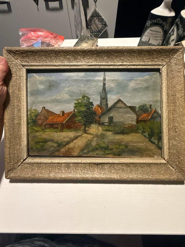 Oud schilderij - Dorpsgezicht met toren, Antiek en Kunst, Kunst | Schilderijen | Klassiek, Ophalen of Verzenden