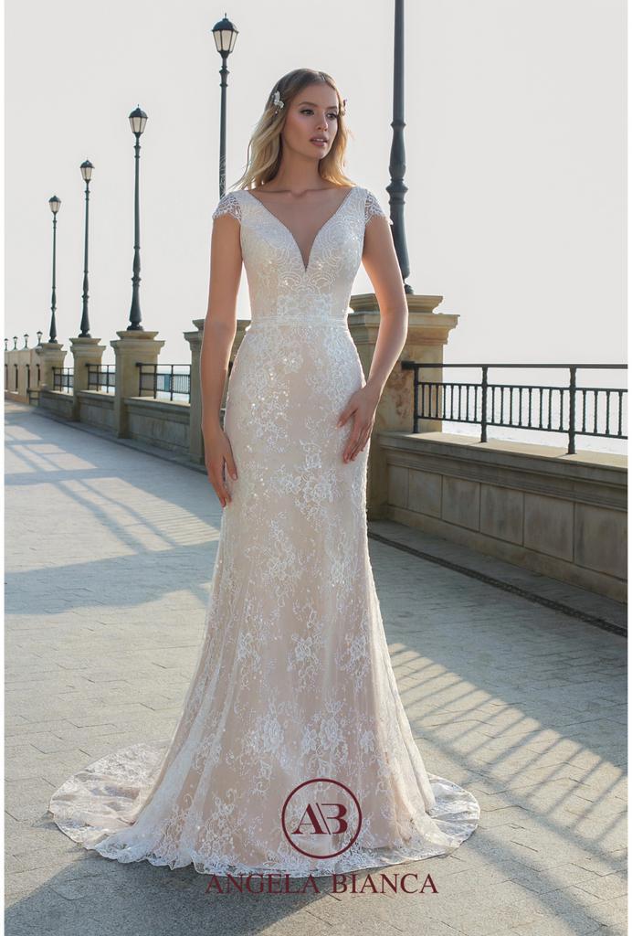 Trouwjurk met korte mouwtjes blush 38/40, Kleding | Dames, Trouwkleding en Trouwaccessoires, Nieuw, Trouwjurk, Wit, Ophalen of Verzenden