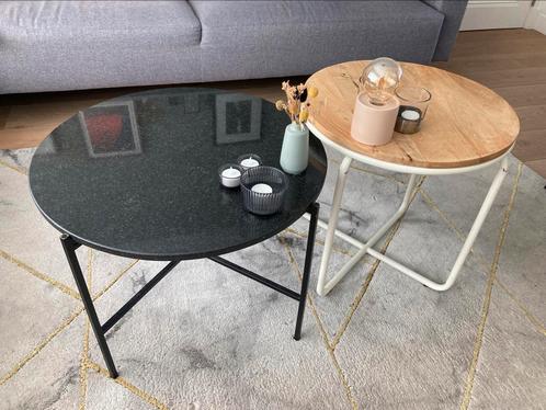 Leuk salontafelset zwart metaal/natuurst.  + wit metaal/hout, Huis en Inrichting, Tafels | Salontafels, Gebruikt, 50 tot 75 cm