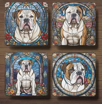 Amerikaanse Bulldog Glas in lood onderzetters met houder beschikbaar voor biedingen