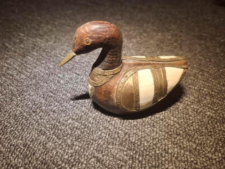 Antieke Houten Eend met Inlegwerk, Antiek en Kunst, Curiosa en Brocante, Ophalen of Verzenden