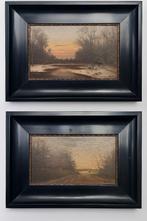 Twee sfeervolle antieke landschapsschilderijen op paneel, Antiek en Kunst, Kunst | Schilderijen | Klassiek, Ophalen of Verzenden