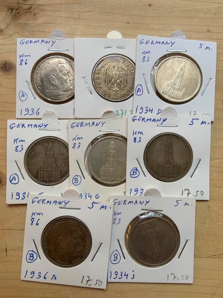 Derde Rijk 8x 5 Mark 1934 1935 1936 zilver, Postzegels en Munten, Munten | Europa | Niet-Euromunten, Duitsland, Zilver, Ophalen of Verzenden