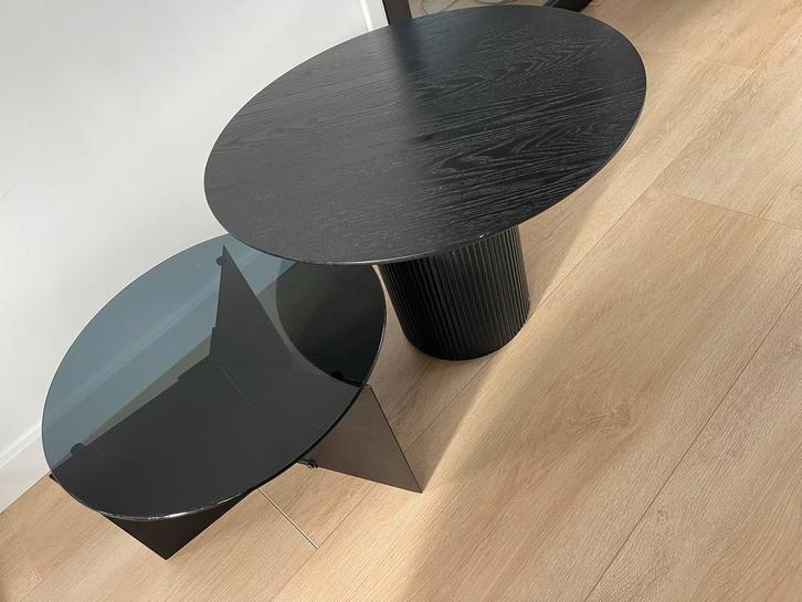 Set van 2 zwarte bijzettafels, Huis en Inrichting, Tafels | Bijzettafels, Gebruikt, Rond, Minder dan 45 cm, Minder dan 55 cm, Hout