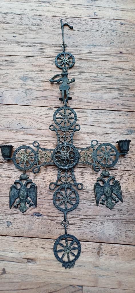 Oud Byzantijns kruis waarin 2 kaarsen passen., Antiek en Kunst, Curiosa en Brocante, Ophalen of Verzenden