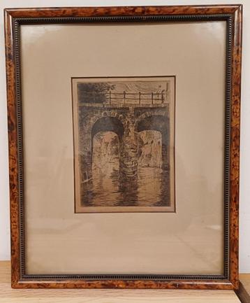 Ets van Brug te Delft & handschrift achterzijde uit 1930 beschikbaar voor biedingen