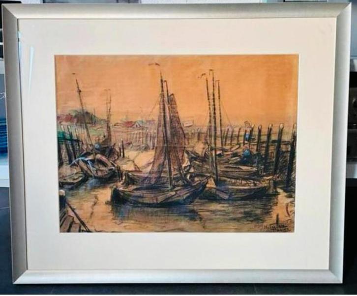 Hendrik v Leeuwen/Oudewater pasteltekening Kade van Tholen., Antiek en Kunst, Kunst | Tekeningen en Foto's, Ophalen