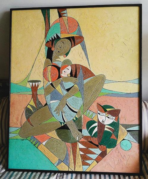 vrouw met kind en ..... 1990 - Gianto (Indonesisch), Antiek en Kunst, Kunst | Schilderijen | Klassiek, Ophalen