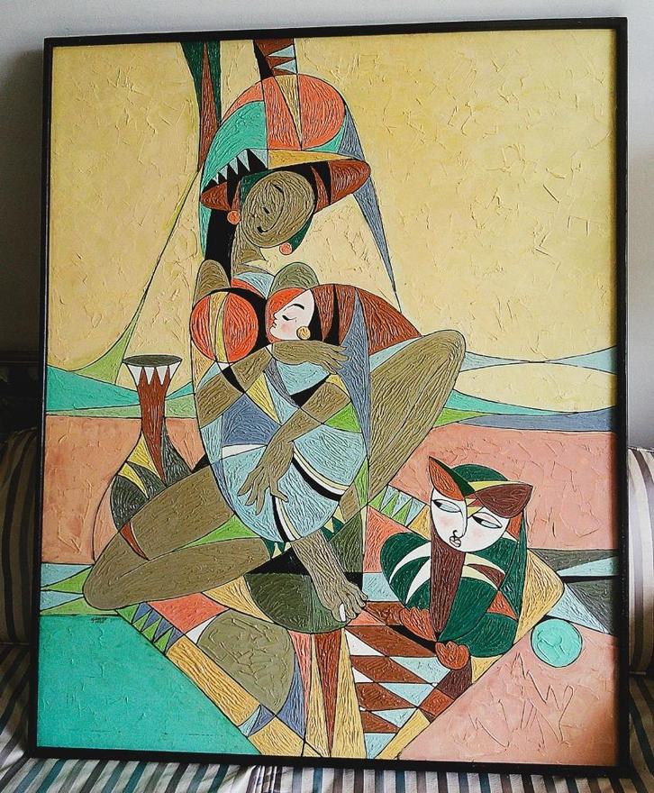 vrouw met kind en ..... 1990 - Gianto (Indonesisch), Antiek en Kunst, Kunst | Schilderijen | Klassiek, Ophalen