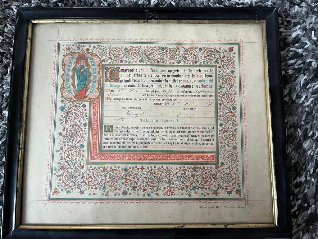 Oude religieuze prent in lijst - 1896, Ophalen