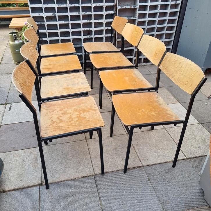 Set van 8 vintage stoelen -Gijs van der Sluis, Huis en Inrichting, Stoelen, Gebruikt, Vijf, Zes of meer stoelen, Hout, Metaal