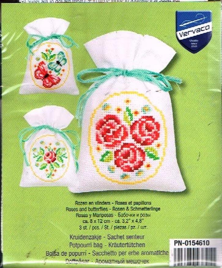 Cado vervaco borduurpakket set van 3 geurzakjes roosjes, Hobby en Vrije tijd, Borduren en Borduurmachines, Nieuw, Borduurpakket