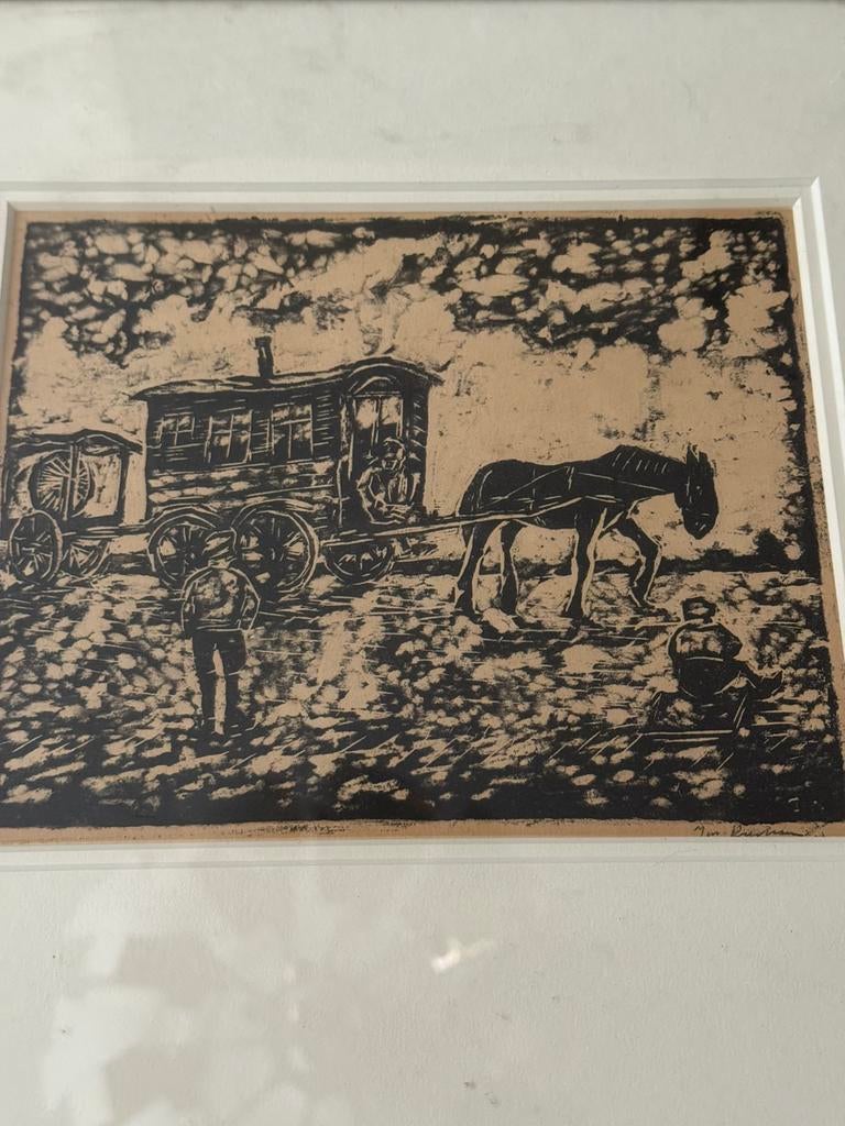 Gesigneerde oude steendruk van een reiziger ( woonwagen ), Antiek en Kunst, Kunst | Etsen en Gravures, Ophalen of Verzenden
