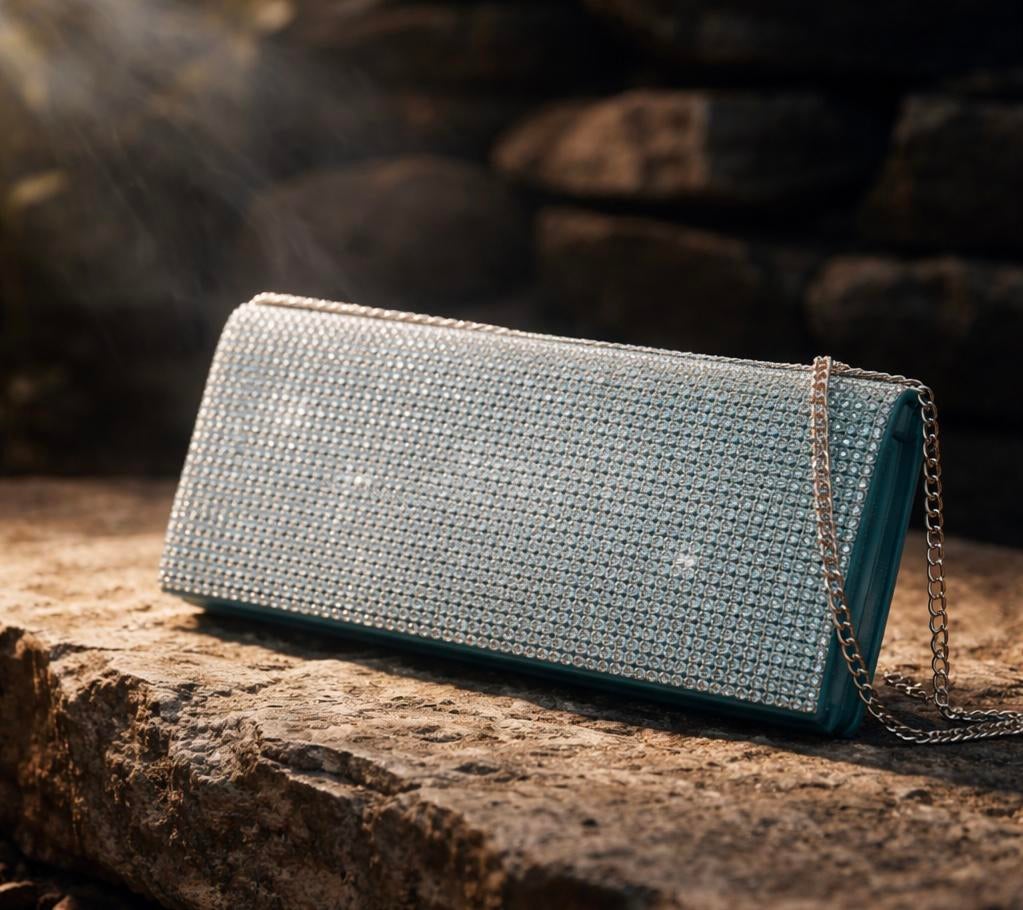 Blauwe clutch met strass steentjes, Ophalen of Verzenden, Zo goed als nieuw, Blauw, Avondtasje