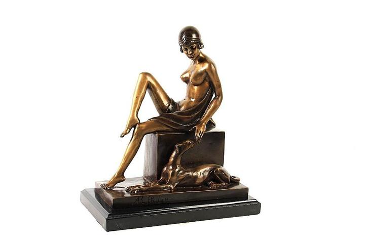 Brons in Art-Decostijl van Dame met windhond van AR Philippe, Antiek en Kunst, Kunst | Beelden en Houtsnijwerken, Ophalen of Verzenden