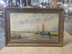 Schilderij met boten in brocante lijst, Ophalen of Verzenden