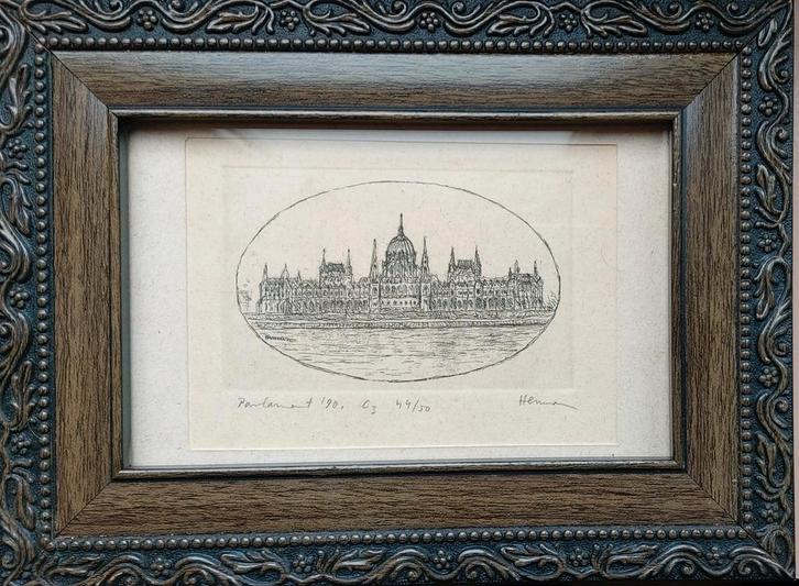 Ets Hongaars Parlement '90, Hemma, 44/50, Antiek en Kunst, Kunst | Etsen en Gravures, Ophalen of Verzenden