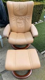 Stressless leren relax fauteuil met voetenbank, beige, Leer, Zo goed als nieuw, 50 tot 75 cm, Ophalen