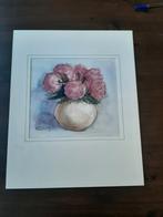 Waterverf schilderij vaas met roze bloemen., Ophalen of Verzenden