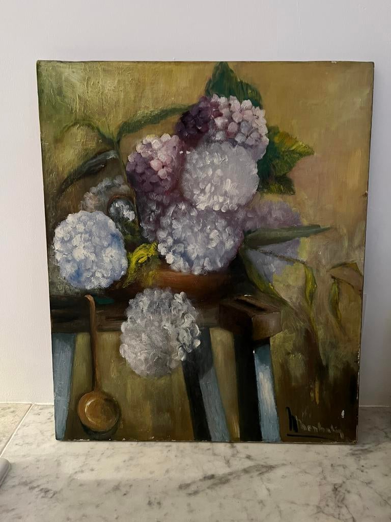 KUNST SCHILDERIJ STILLEVEN BLOEMEN HORTENSIA OLIE OP DOEK, Antiek en Kunst, Ophalen of Verzenden