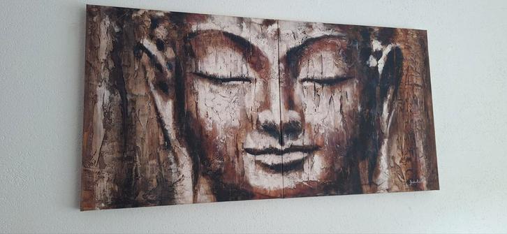 Schilderij 2-luik 'Witte Boeddha' van Juul., Antiek en Kunst, Kunst | Schilderijen | Modern, Ophalen of Verzenden