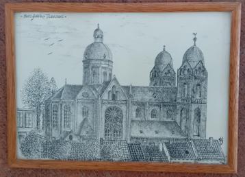 Mooie, oude pentekening van kerk in Tilburg beschikbaar voor biedingen