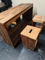 Steigerhouten Bartafel met 2 Barkrukken, Huis en Inrichting, Barkrukken, Ophalen, Gebruikt, Met voetsteun, 90 cm of meer
