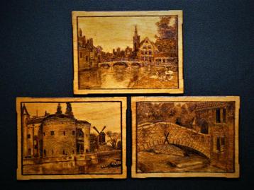 3 Oude pyrografie hout gebrande lijstjes van Brugge België beschikbaar voor biedingen