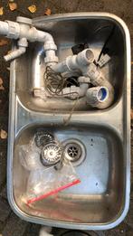 Dubbele spoelbak rvs met afvalvermaler, Huis en Inrichting, Keuken | Keukenelementen, Ophalen, Zo goed als nieuw