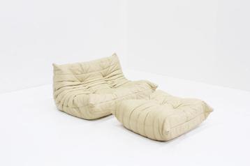 Vintage Togo Ligne Roset sofa set beige leer  beschikbaar voor biedingen