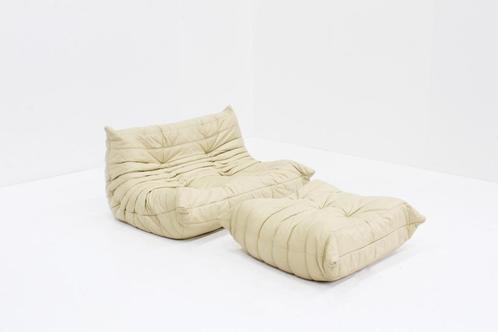 Vintage Togo Ligne Roset sofa set beige leer, Huis en Inrichting, Banken | Sofa's en Chaises Longues, Gebruikt, Tweepersoons, 150 tot 200 cm