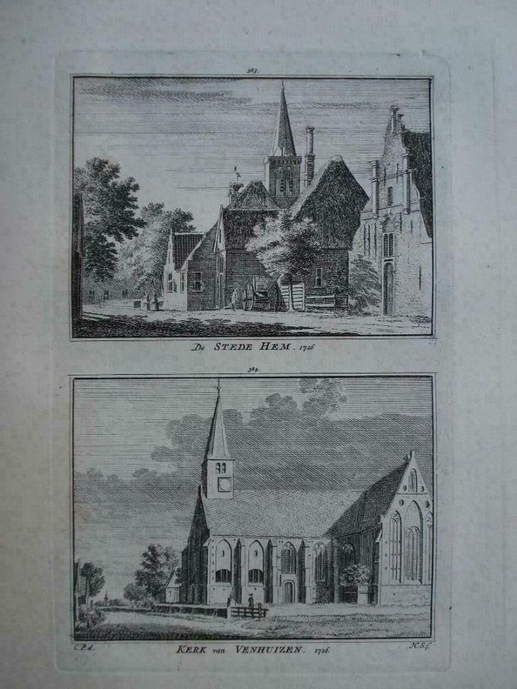 383-384 /  Venhuizen de Kerk en Hem kopergravure 1752, Antiek en Kunst, Kunst | Etsen en Gravures, Ophalen of Verzenden