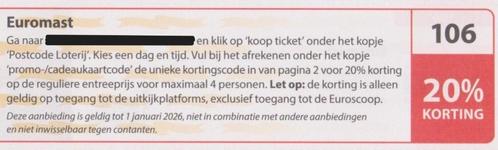 Euromast, Rotterdam. 20% korting. Postcodeloterij bon nr 106, Tickets en Kaartjes, Kortingen en Cadeaubonnen, Drie personen of meer