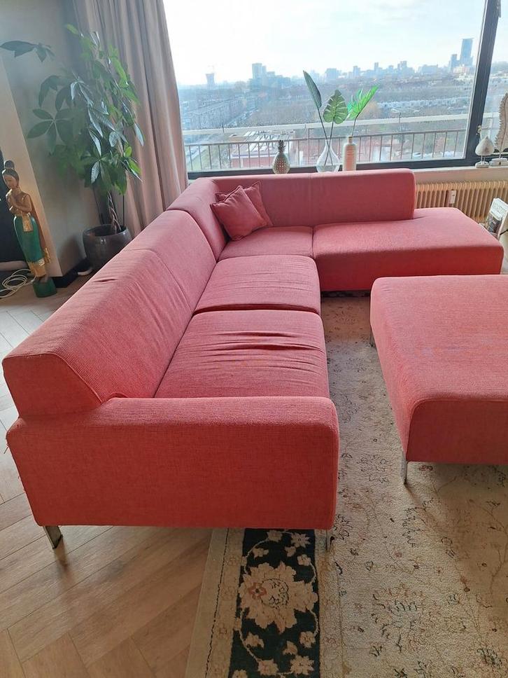 Montel bankstel met hocker - zachtrood geweven stof, Huis en Inrichting, Banken | Sofa's en Chaises Longues, Ophalen